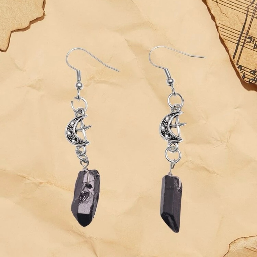 Silver Crescent Moon Earrings with Black Crystal